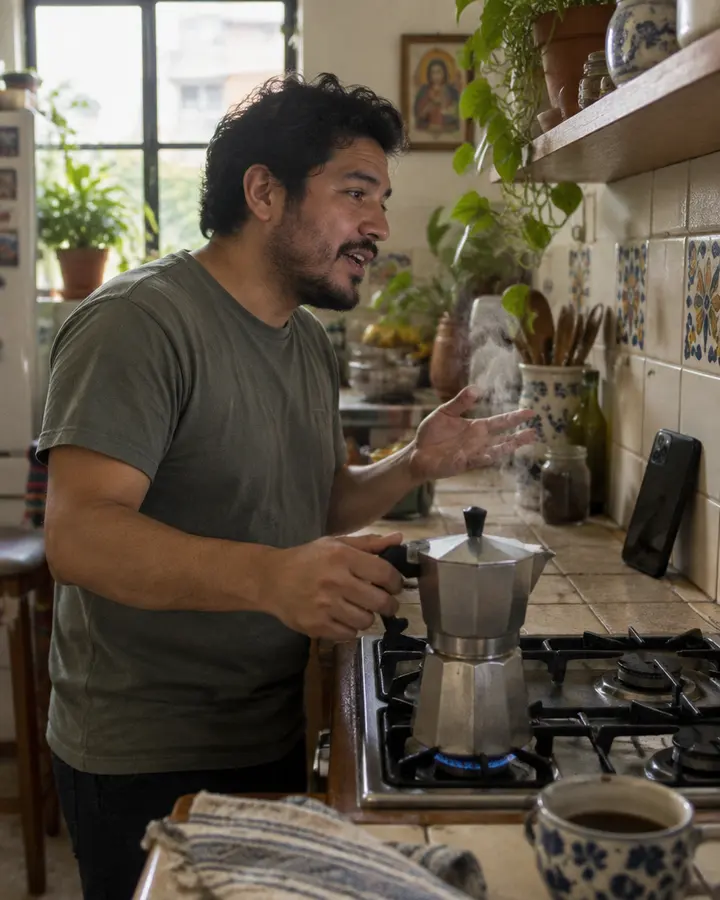 Un hombre habla con su teléfono mientras hace café en la cocina