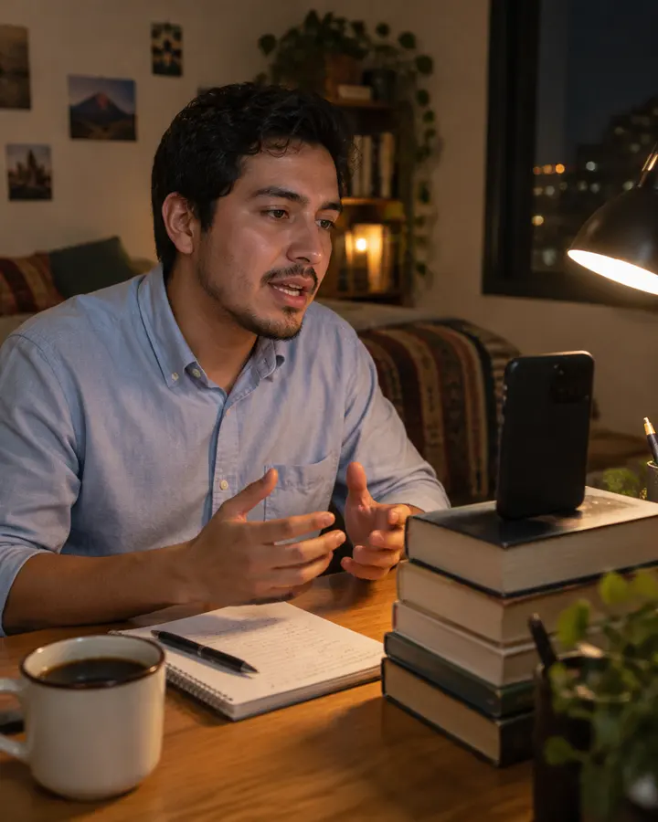 Un hombre ensaya una entrevista en inglés de noche frente a su teléfono