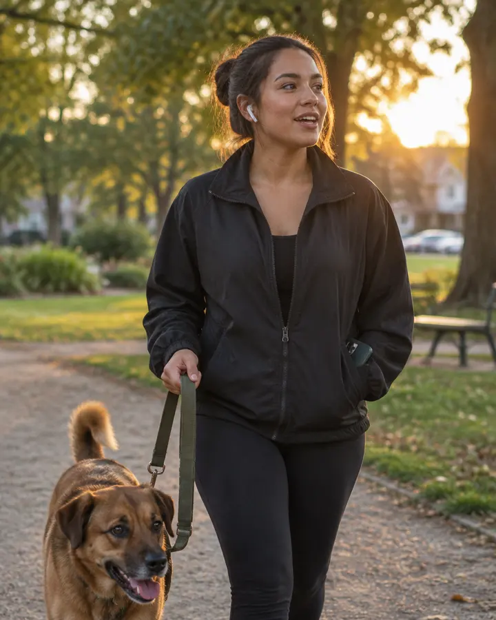 Una mujer pasea a su perro por el parque mientras habla con audífonos